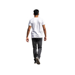 portrait of a young man walking, back view, transparent, isolated on white