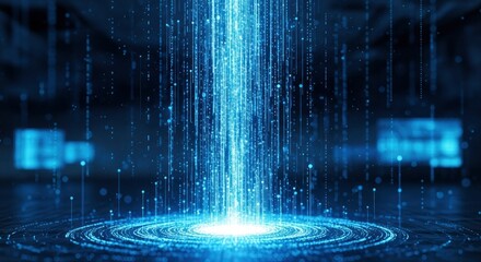 A luminous blue beam rises from a swirling circular base of light on a dark reflective surface surrounded by falling glowing particles and vertical light streams in a futuristic setting