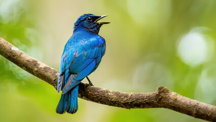 Obraz premium Indigo Flycatcher Singing on a Branch A Vibrant Display of Nature's Beauty and Avian Melody in the Heart of the Tropical Rainforests of Southeast Asia