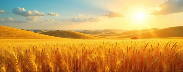 Golden Wheat Field Shimmering Under the Summer Sun A Breathtaking Harvest Landscape of Rolling Hills and Vast Expanse, Perfect for Agriculture and Nature Themes
