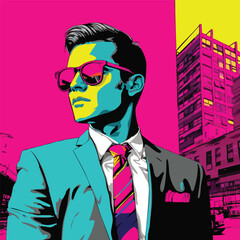 Colorful pop art portrait of a stylish businessman in sunglasses and suit with urban city background. Bold modern retro vector illustration.