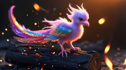 Fototapeta premium Magical phoenix bird with colorful plumage perched on a burning log