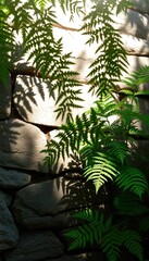 Fototapeta premium Fern Leaf Shadows on Rustic Stone Wall with Fresh Morning Sunlight