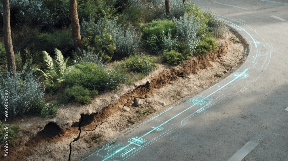 Poster a close shot of soil and vegetation adjacent to the roadway showing how natural elements interact wi