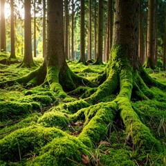 Lush forest floor covered in moss, sunlight filtering through trees