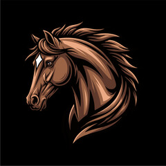 Majestic brown stallion head illustration, a powerful equestrian mascot symbol for a sports team or brand identity isolated on a black background