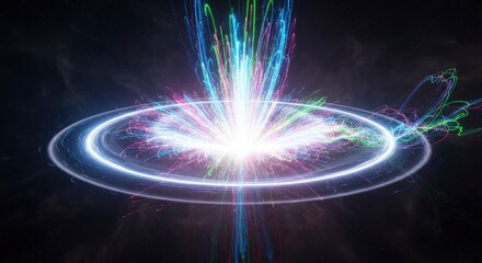 A luminous central core emitting colorful particle streams upwards and outwards encircled by a bright glowing ring with trailing light paths against a dark cosmic expanse