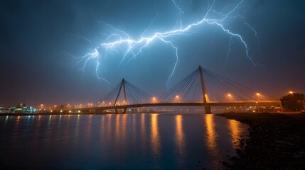 Obraz premium Dramatic Lightning Storm Over City Bridge at Night