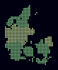 Denmark dotted map. Digital style map of the country on dark background. Denmark shape with circle dots. Colored dots style. Large size circles. Classy vector illustration.