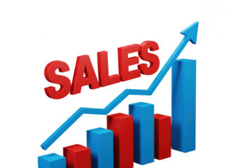 3d red sales text with blue and red bar graph and upward trend arrow isolated on transparent background