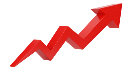 A bold red 3d arrow curves upwards indicating growth and progress isolated on transparent background
