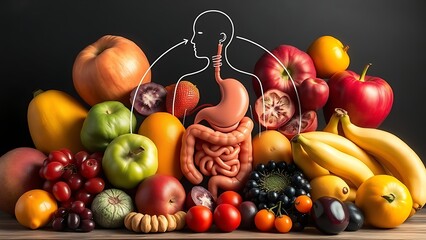 Colorful fresh fruits surrounding anatomical digestive system illustration, representing gut health awareness and nutritional medicine, perfect for health education and wellness program marketing