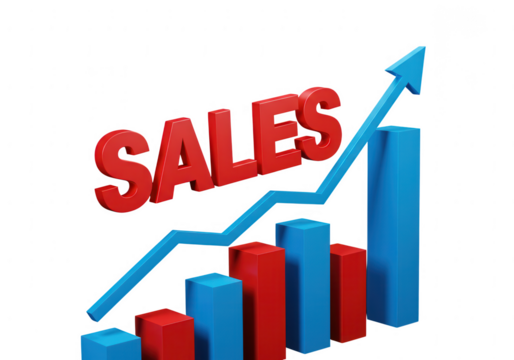 3d red sales text with blue and red bar graph and upward trend arrow isolated on transparent background