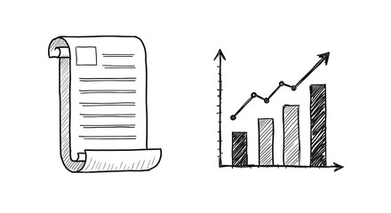 Hand drawn sketch of a smartphone displaying data next to a growth bar chart isolated on transparent background