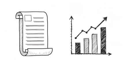 Hand drawn sketch of a smartphone displaying data next to a growth bar chart isolated on transparent background