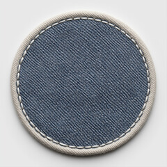 A hand crafted round circular circle dark blue denim patch with white stitching and white border edge in white background, custom fashion label patch template for logo, name, uniform design