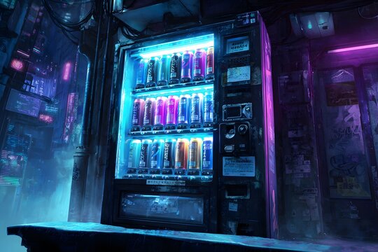 Futuristic vending machine glowing with blue and pink neon lights in a gritty cyberpunk alley full of wires and graffiti.
 - Powered by Adobe