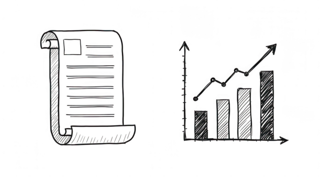 Hand drawn sketch of a smartphone displaying data next to a growth bar chart isolated on transparent background - Powered by Adobe