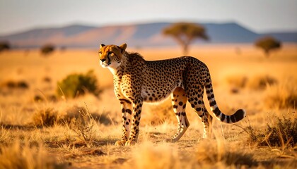 A majestic cheetah stands alertly on African savanna. The big cat is in focus, with a soft-focus background of dry grasses, shrubs, a lone tree, and distant hills under a warm, golden sunset