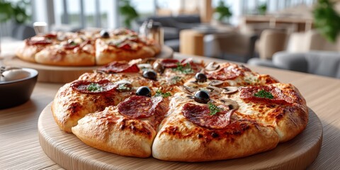 Pepperoni pizza with sliced mushrooms and black olives on rustic crust, placed on wooden plate in cozy indoor pizzeria.
