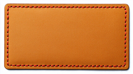 A hand crafted rectangle cognac brown leather patch with red, white stitching in white background, custom fashion label patch template for logo, name, uniform design
