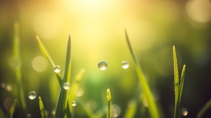 Fototapeta premium Morning dewdrops on fresh grass blades in golden sunlight, symbolizing environmental wellness and natural renewal, perfect for eco-friendly marketing and environmental awareness campaigns