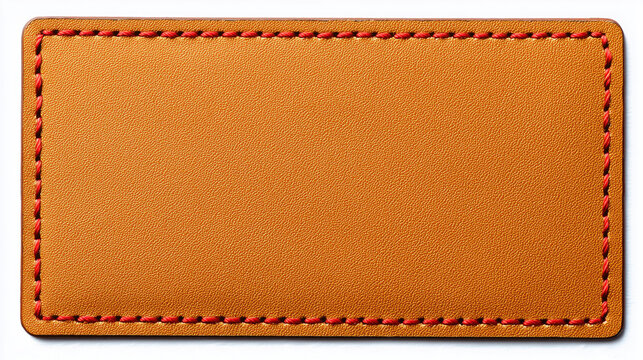 A hand crafted rectangle cognac brown leather patch with red, white stitching in white background, custom fashion label patch template for logo, name, uniform design