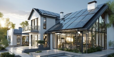 A sustainable smart home with zero emissions, featuring solar panels and energy-efficient systems designed for future living.