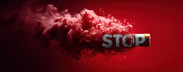 Bold promotional poster with red theme, showing stop sign over a cigarette to support anti-smoking campaign.