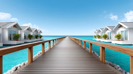 Fototapeta premium Serene Wooden Pier Leading to Beautiful Tropical Beach Houses in Clear Blue Water