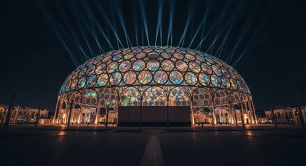 Fototapeta premium Illuminated dome structure at night, vibrant stained glass