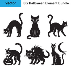 Halloween Black Cat Silhouette Bundle Six Vector Elements