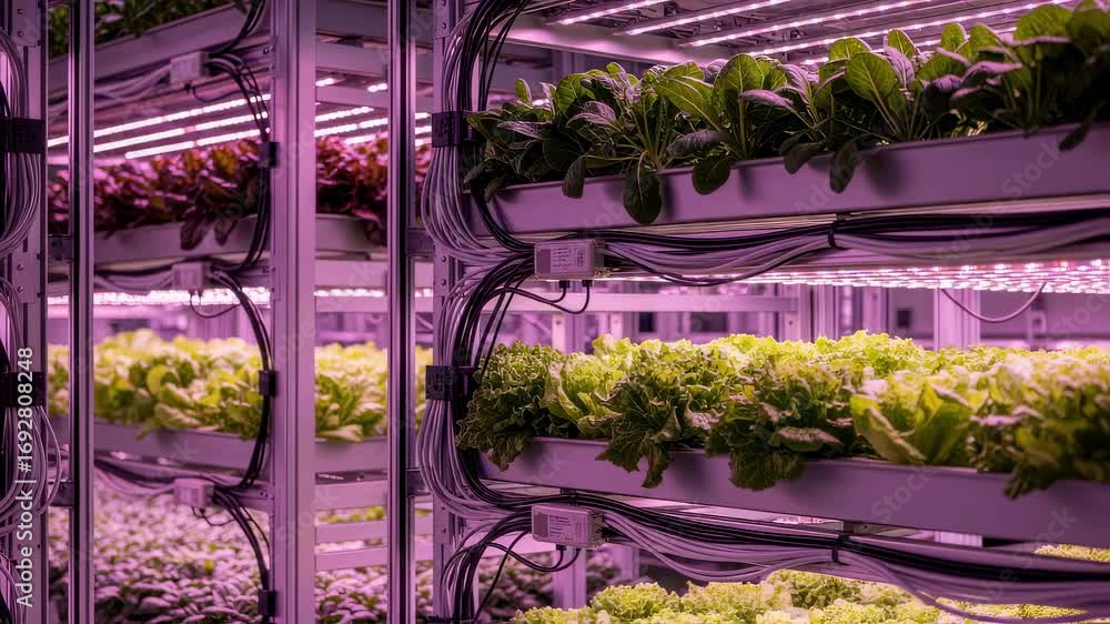 Poster side view of vertical farm led racks showcasing intricate wiring connections powering multiple layer