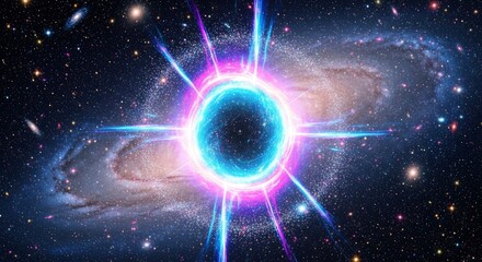 A luminous cosmic anomaly with blue and purple energy bursts radiates in a star-filled galaxy surrounded by distant spiral galaxies