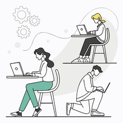 “Minimalist Flat Style People Working on Laptops – Remote Work Illustration”