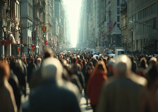 Crowded urban area filled with people of various ethnicities walking in rush hour, showcasing the impact of growing human population on city life and infrastructure.