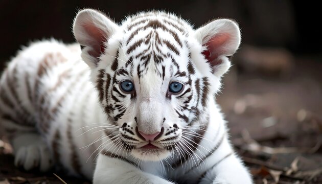 A close-up view shows a captivating baby tiger cub with striking blue eyes.