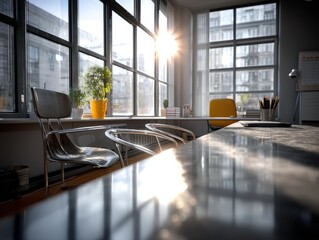 An office with a large window reflecting sunlight, creating a soft and blurred background, giving the space a calm, productive, and inspiring atmosphere.