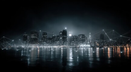 Futuristic cityscape at night with interconnected digital network