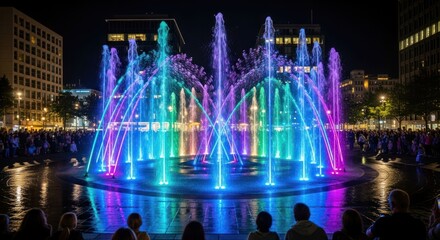 Illuminated fountain show at night, crowds gathered