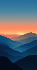 Obraz premium Sunrise over layered mountain ranges. Soft, blue-toned silhouettes of peaks. Muted colors. Tranquil vista