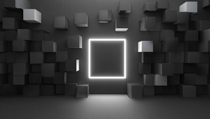 Abstract 3D scene.  Dark gray cubes surround a luminous white square
