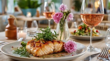 Gourmet grilled fish plated with rose wine and purple floral garnish in elegant restaurant setting, refined culinary presentation.