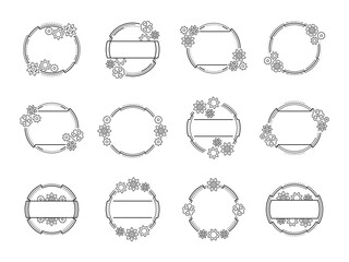 Outline round frames with different gears and cogwheels. Black elements, isolated on a white background. Mechanism. Steampunk. Vector big set for greeting card, decoration, banner, poster and signage