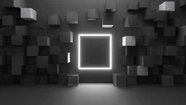 Fototapeta Abstract 3D scene.  Dark gray cubes surround a luminous white square