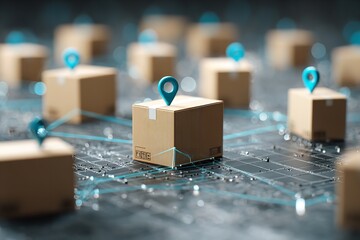 Cardboard boxes with location pins on digital map grid background, symbolizing global logistics and AI-powered e-commerce network