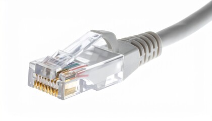 High-Resolution Close-Up of Curved Ethernet Cable Plug Connector Isolated on White Background Representing Network Connectivity and Digital Communication