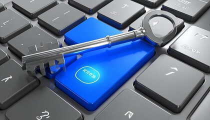 Cybersecurity Concept with Metallic Key on Blue Keyboard Button Representing Data Access, User Authorization, and Network Protection