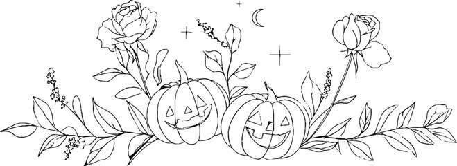 Halloween minimalist line art of jack-o'-lanterns and floral border design