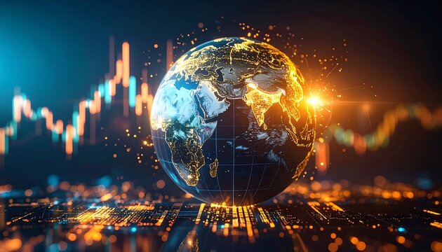 A digital illustration featuring a glowing globe overlaid with financial data visualizations, suggesting global interconnectedness and the impact of finance